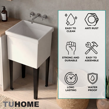 Bari Freestanding and Compact Plastic Laundry Utility Sink with Four Legs, Utility Tub for Laundry Room, Garage or Kitchen