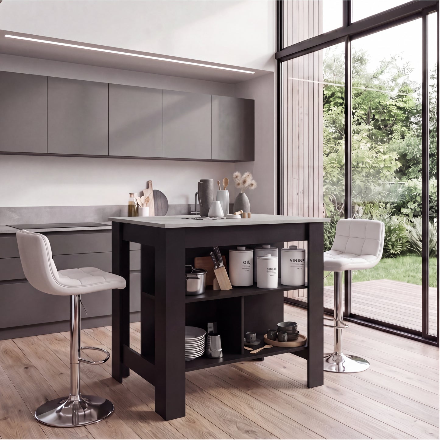 Tuhome Cala Kitchen Island with Spacious Tabletop, Three Open Storage Shelves, Four Sturdy Legs and Comfortable Meal Prep Workstation Design for Modern, Functional and Organized Everyday Culinary Spaces