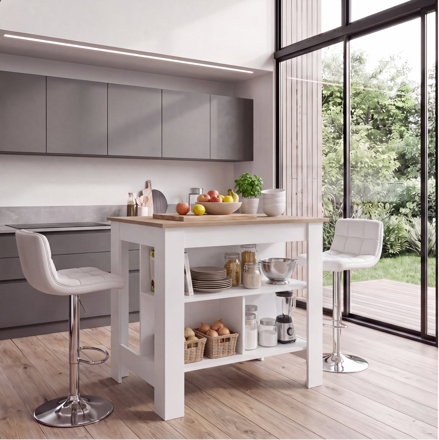 Tuhome Cala Kitchen Island with Spacious Tabletop, Three Open Storage Shelves, Four Sturdy Legs and Comfortable Meal Prep Workstation Design for Modern, Functional and Organized Everyday Culinary Spaces