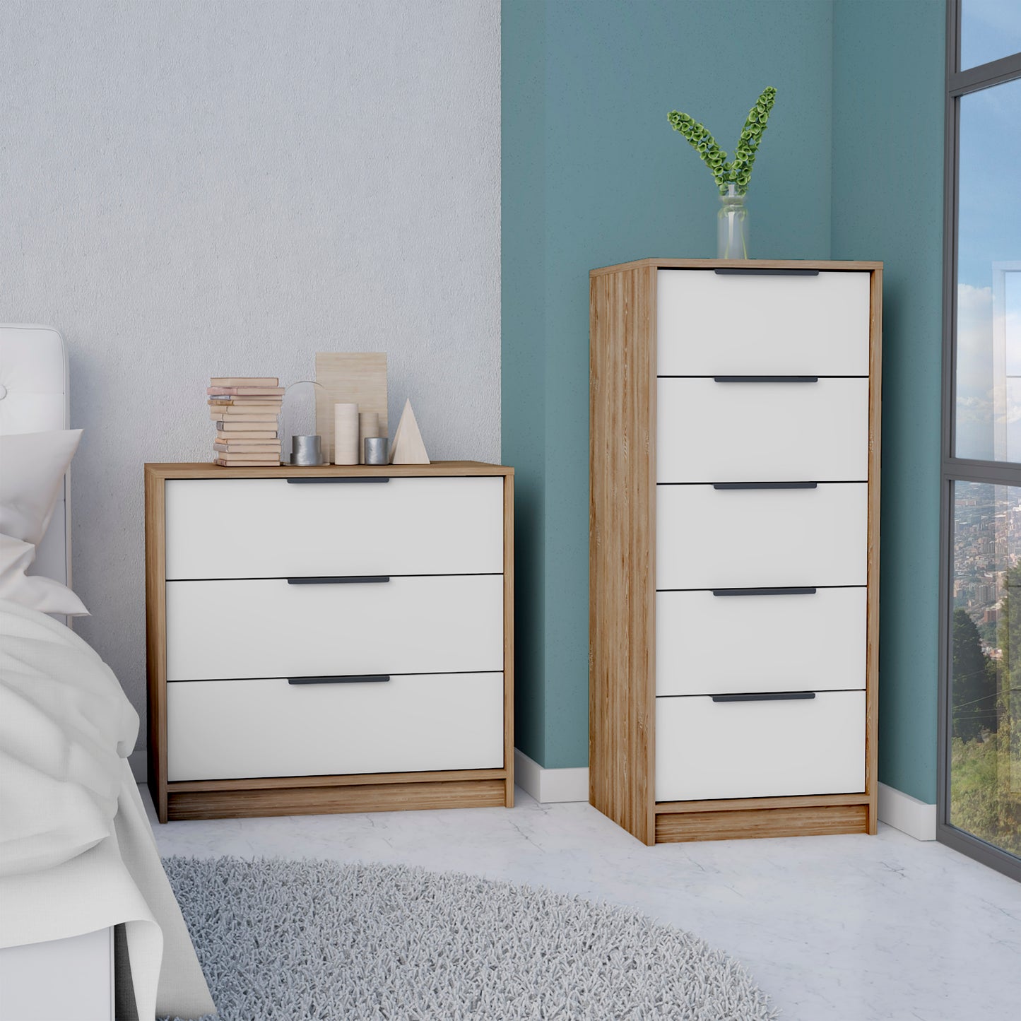 Aniston 2 Piece Bedroom Set, White / Pine Finish