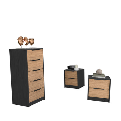 Kaia 3 Piece Bedroom Set, Dresser + Nightstand + Nightstand, BlackWengue  / Pine Finish