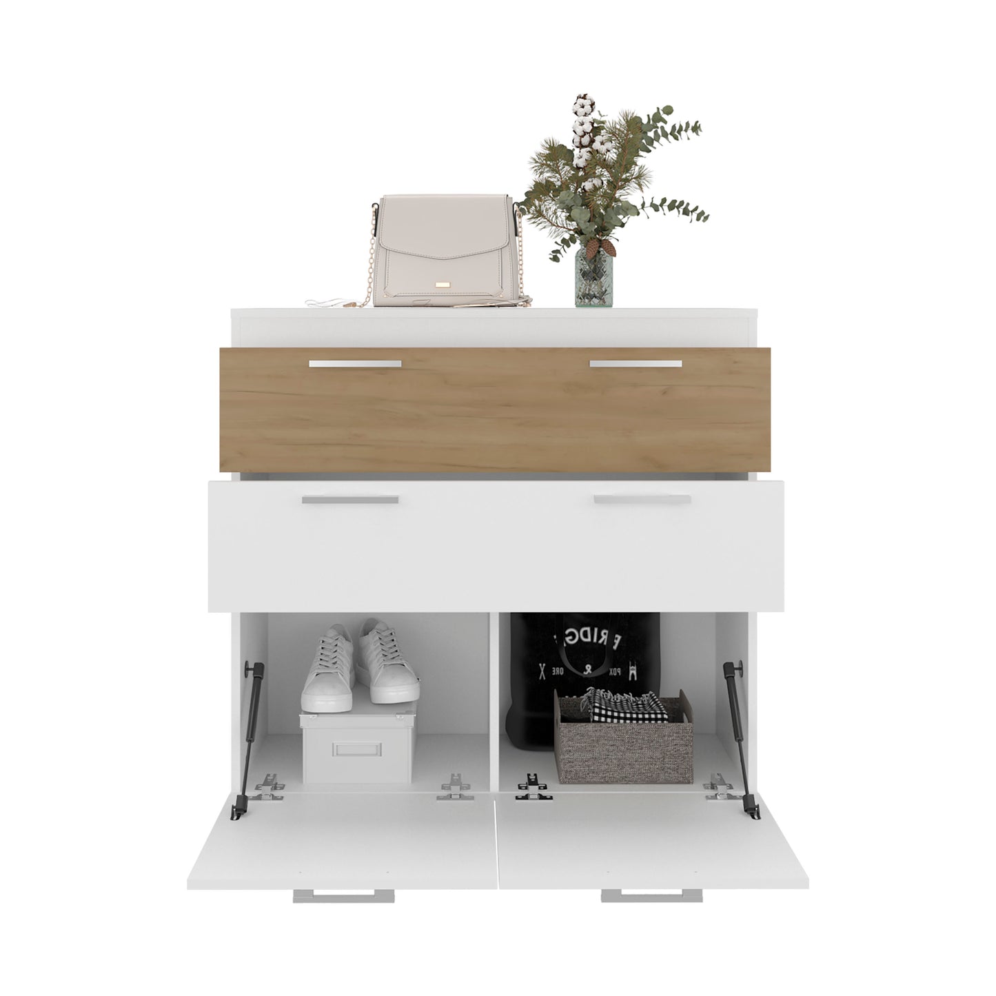 Belton Freestanding Bedroom Dresser Cabinet with Two Standard Drawers, and Two Drop-Down Doors with Low Cabinet Shelves, Bedroom Storage Option