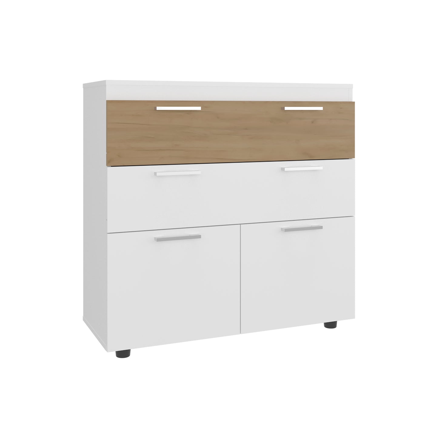 Belton Freestanding Bedroom Dresser Cabinet with Two Standard Drawers, and Two Drop-Down Doors with Low Cabinet Shelves, Bedroom Storage Option