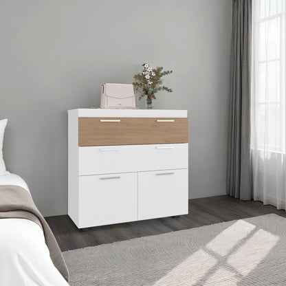 White and wood dresser in a bedroom with a bed and window in the background