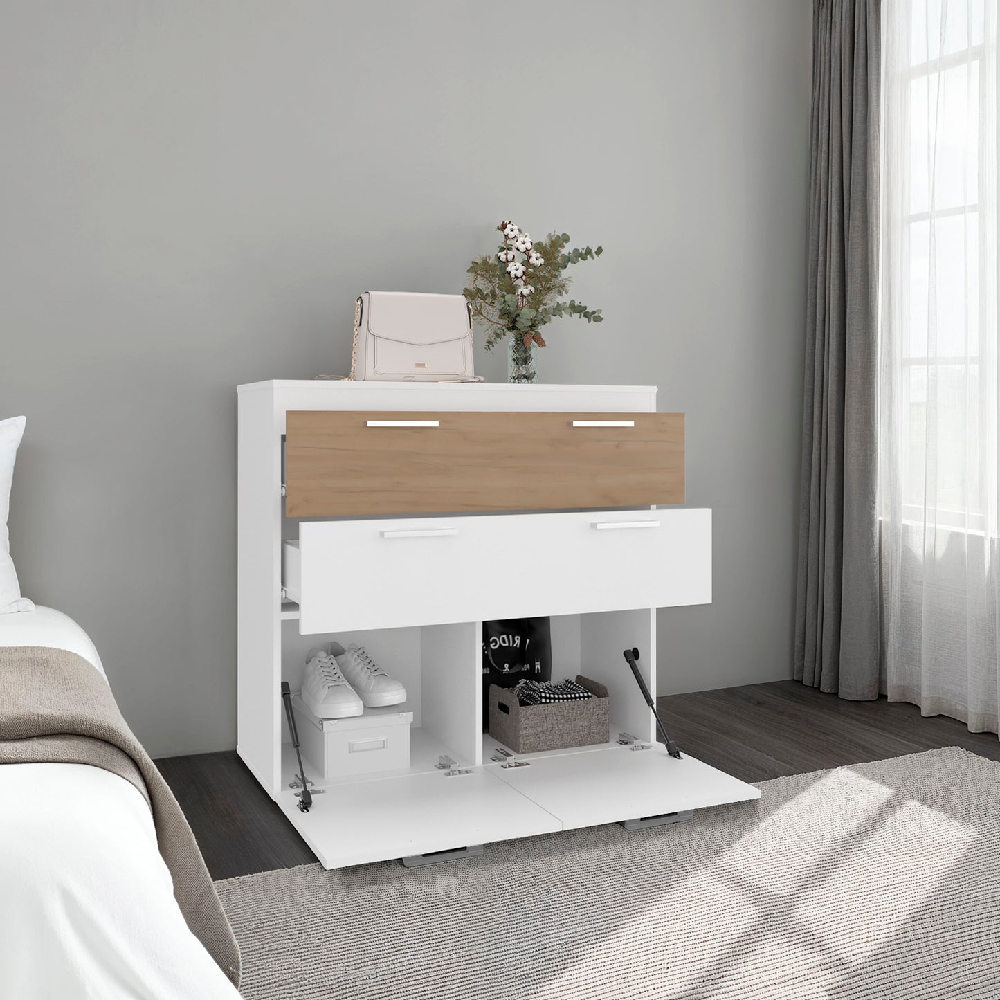 White and wood nightstand with drawers in a bedroom setting