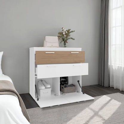 White and wood nightstand with drawers in a bedroom setting