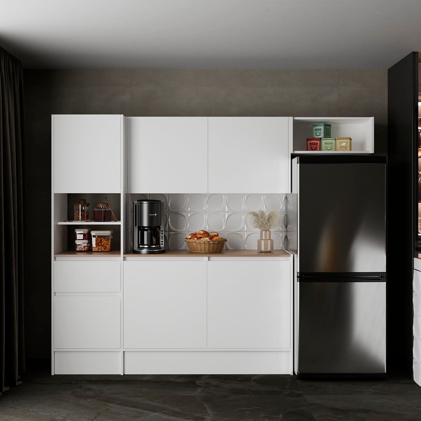 Dal Kitchen Cabinet Set, Multi-Storage Modular System with Upper Wall Cabinets, Base Cabinets, Open Shelves & Wide Countertop, Engineered Wood