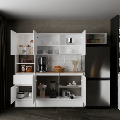Dal Kitchen Cabinet Set, Multi-Storage Modular System with Upper Wall Cabinets, Base Cabinets, Open Shelves & Wide Countertop, Engineered Wood