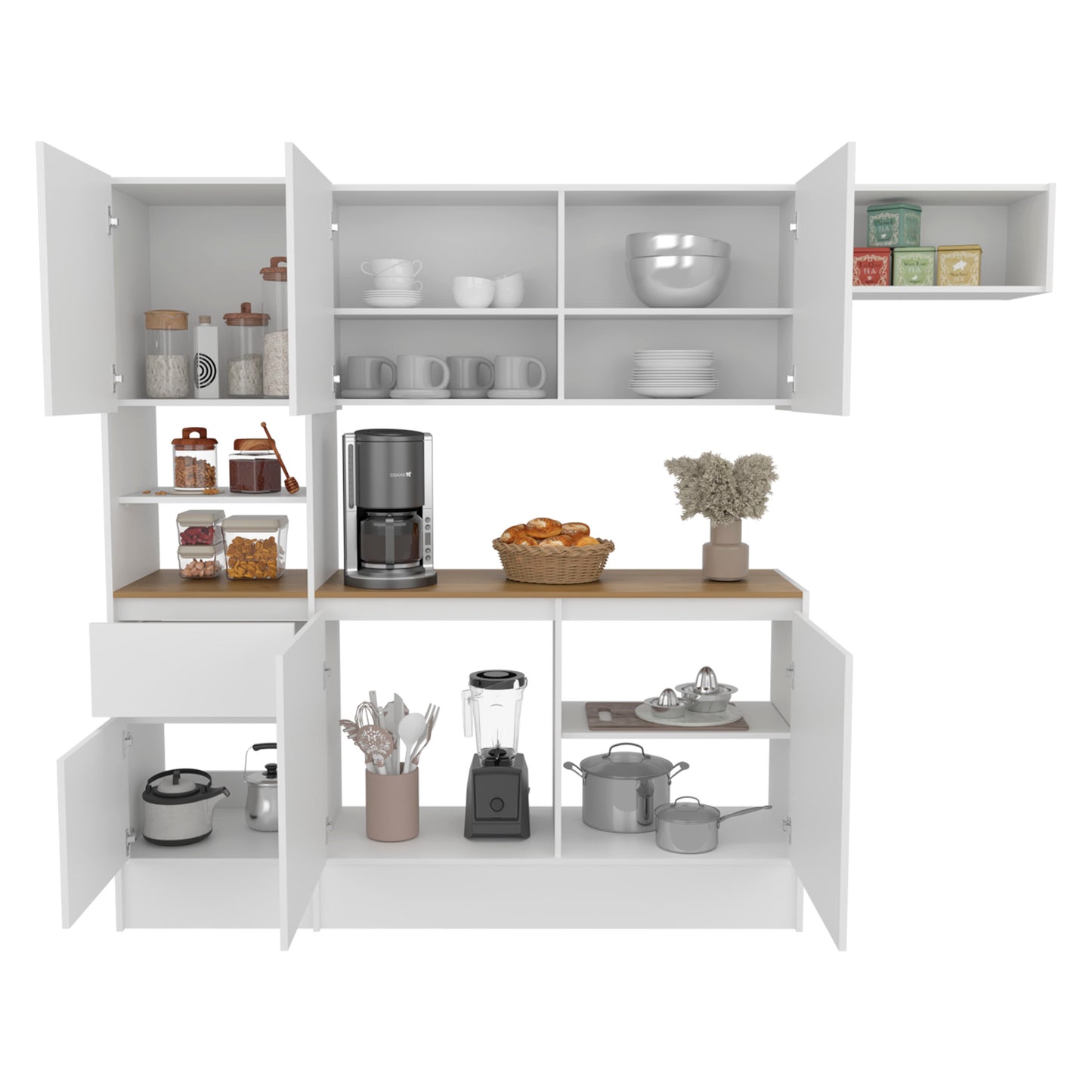Dal Kitchen Cabinet Set, Multi-Storage Modular System with Upper Wall Cabinets, Base Cabinets, Open Shelves & Wide Countertop, Engineered Wood