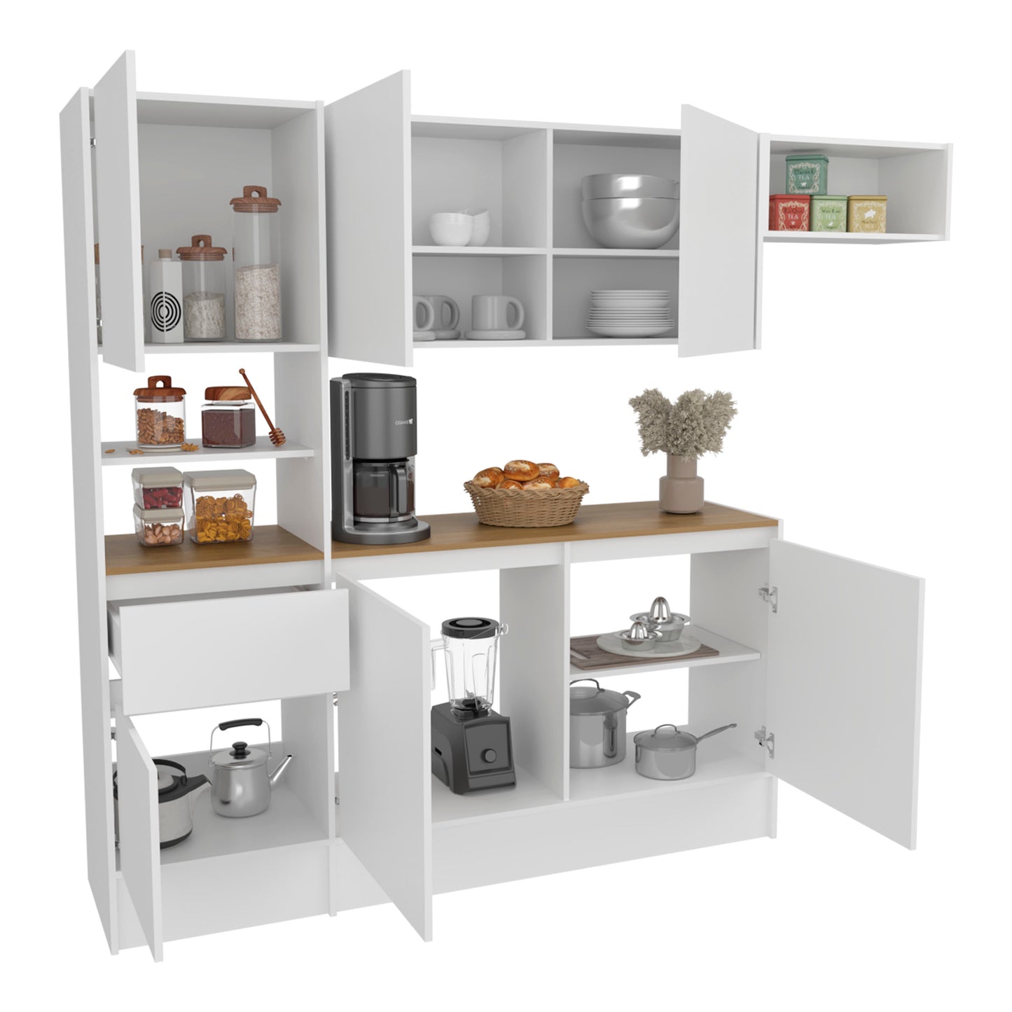 Dal Kitchen Cabinet Set, Multi-Storage Modular System with Upper Wall Cabinets, Base Cabinets, Open Shelves & Wide Countertop, Engineered Wood