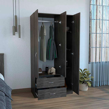 Austral 3 Doors Armoire, Metal Rod, Two Drawers, Three Door Cabinets