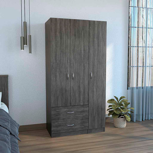 Austral 3 Doors Armoire, Metal Rod, Two Drawers, Three Door Cabinets