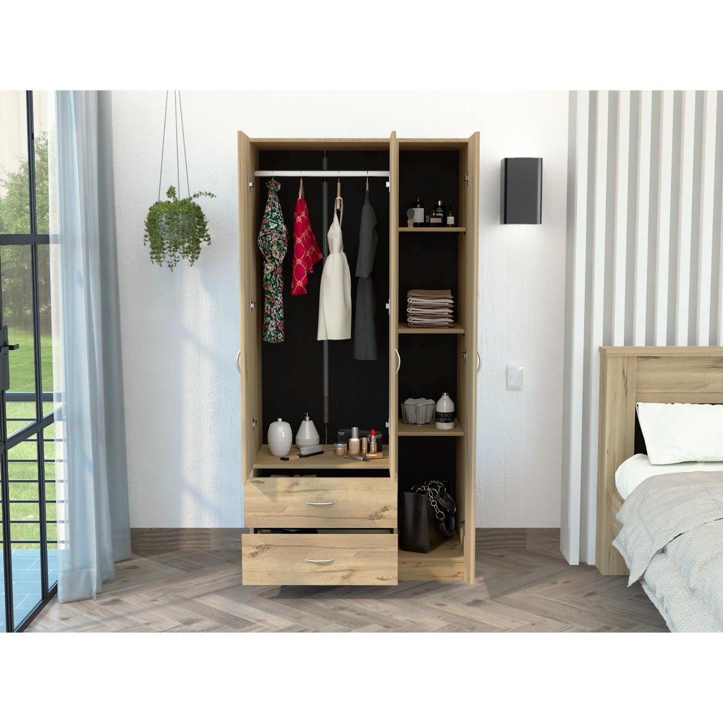 Austral 3 Doors Armoire, Metal Rod, Two Drawers, Single Door, Double Door Cabinets