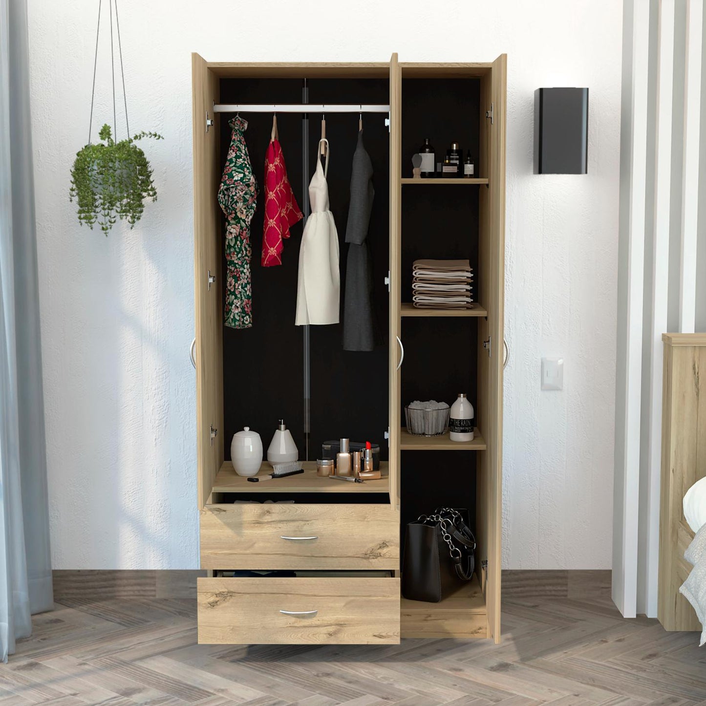 Austral 3 Doors Armoire, Metal Rod, Two Drawers, Single Door, Double Door Cabinets