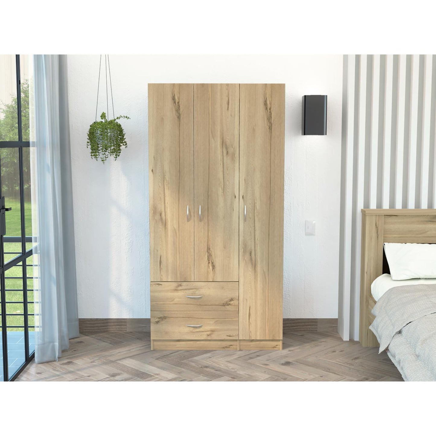 Austral 3 Doors Armoire, Metal Rod, Two Drawers, Single Door, Double Door Cabinets
