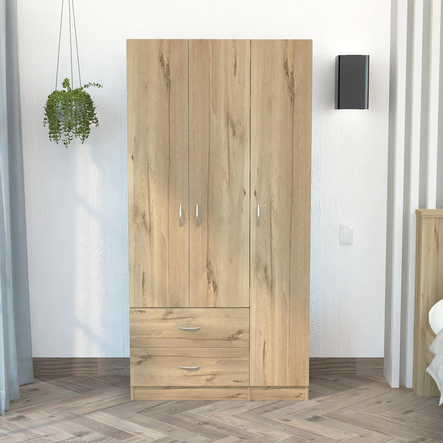 Austral 3 Doors Armoire, Metal Rod, Two Drawers, Single Door, Double Door Cabinets