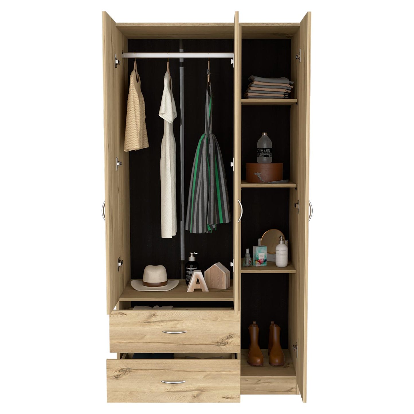 Austral 3 Doors Armoire, Metal Rod, Two Drawers, Single Door, Double Door Cabinets