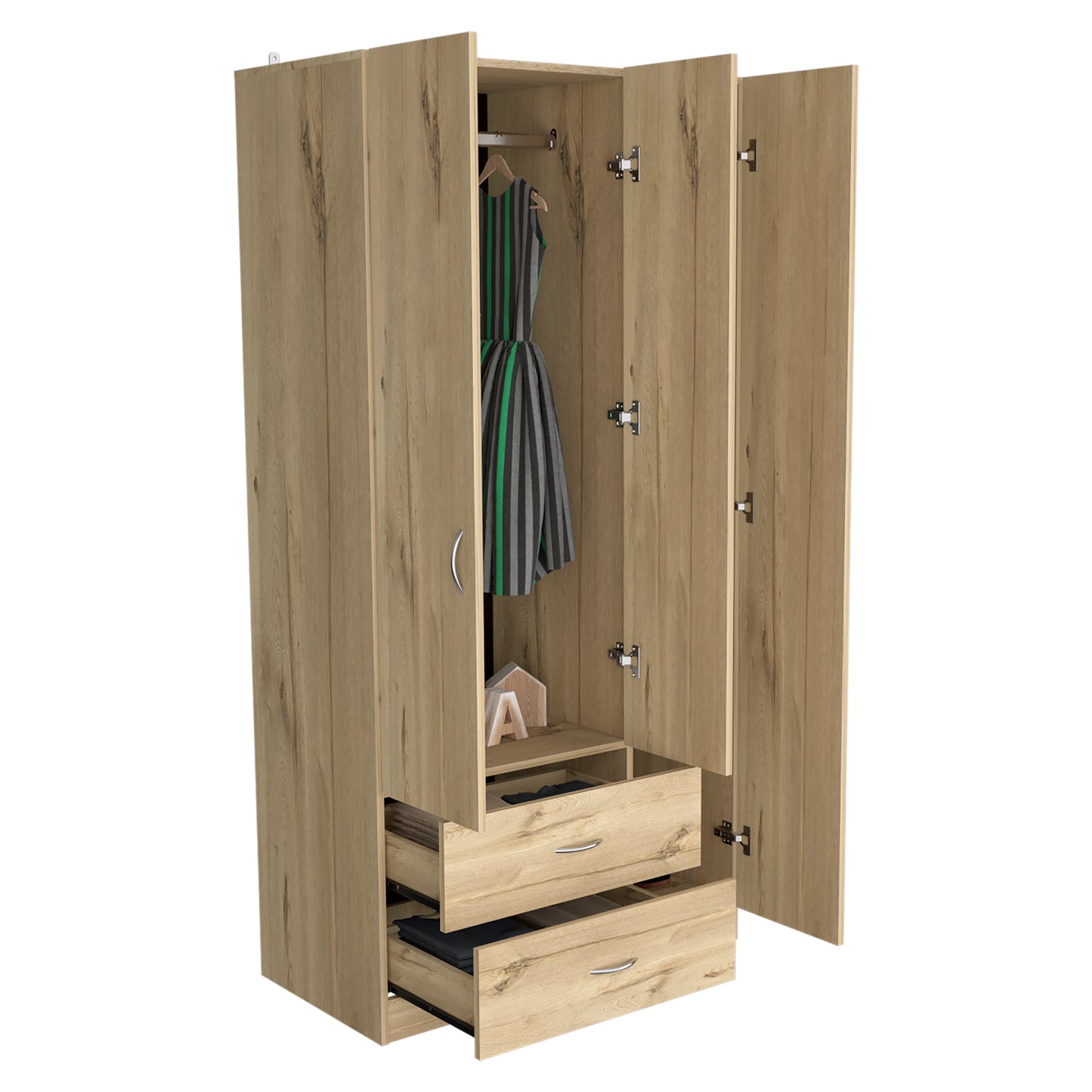 Austral 3 Doors Armoire, Metal Rod, Two Drawers, Single Door, Double Door Cabinets