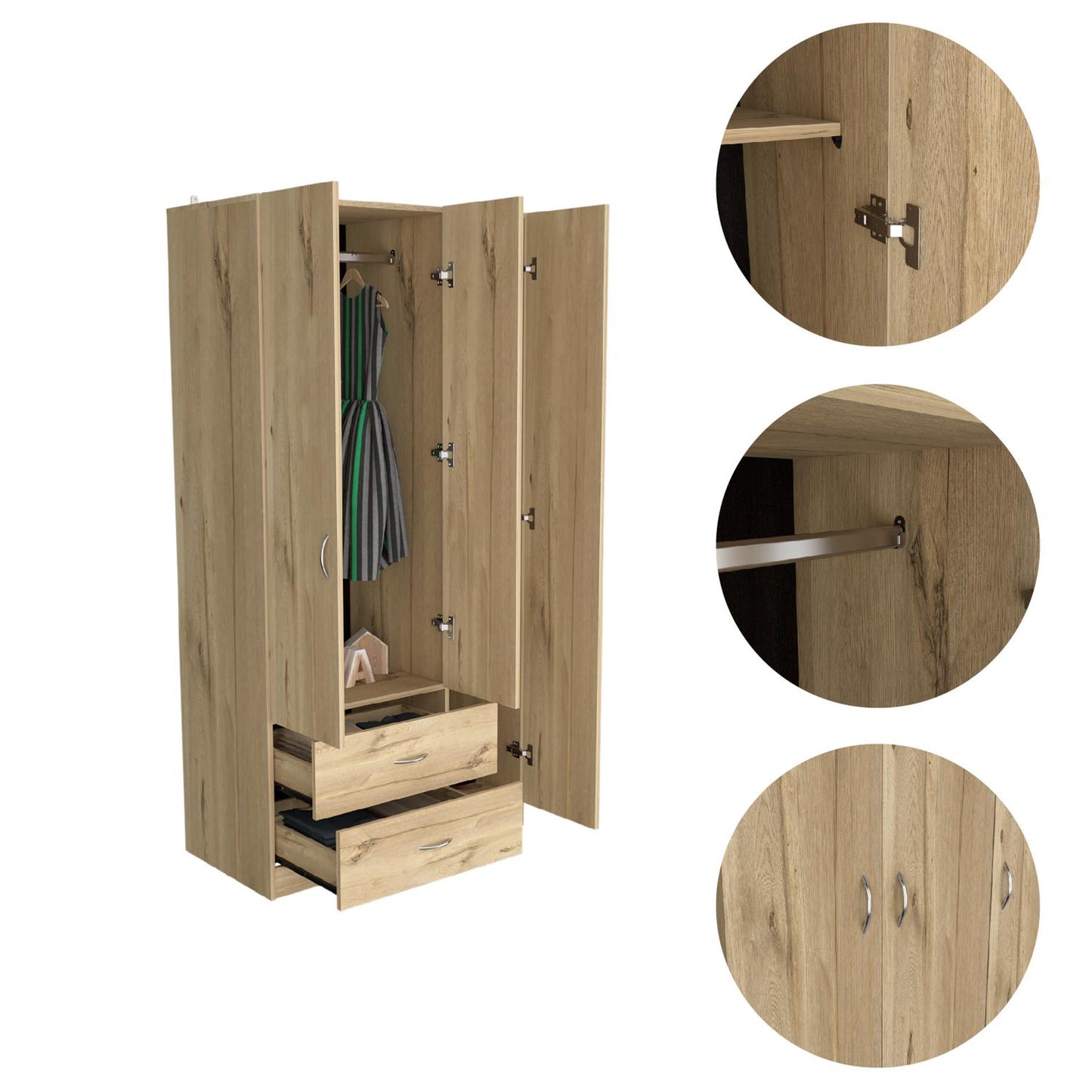 Austral 3 Doors Armoire, Metal Rod, Two Drawers, Single Door, Double Door Cabinets