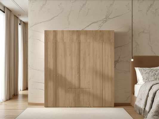 Home 6 Piece, 10 Door Closet System, Top Storage Shelves, Wide Armoire for Bedroom Storage and Organization, Natural Oak