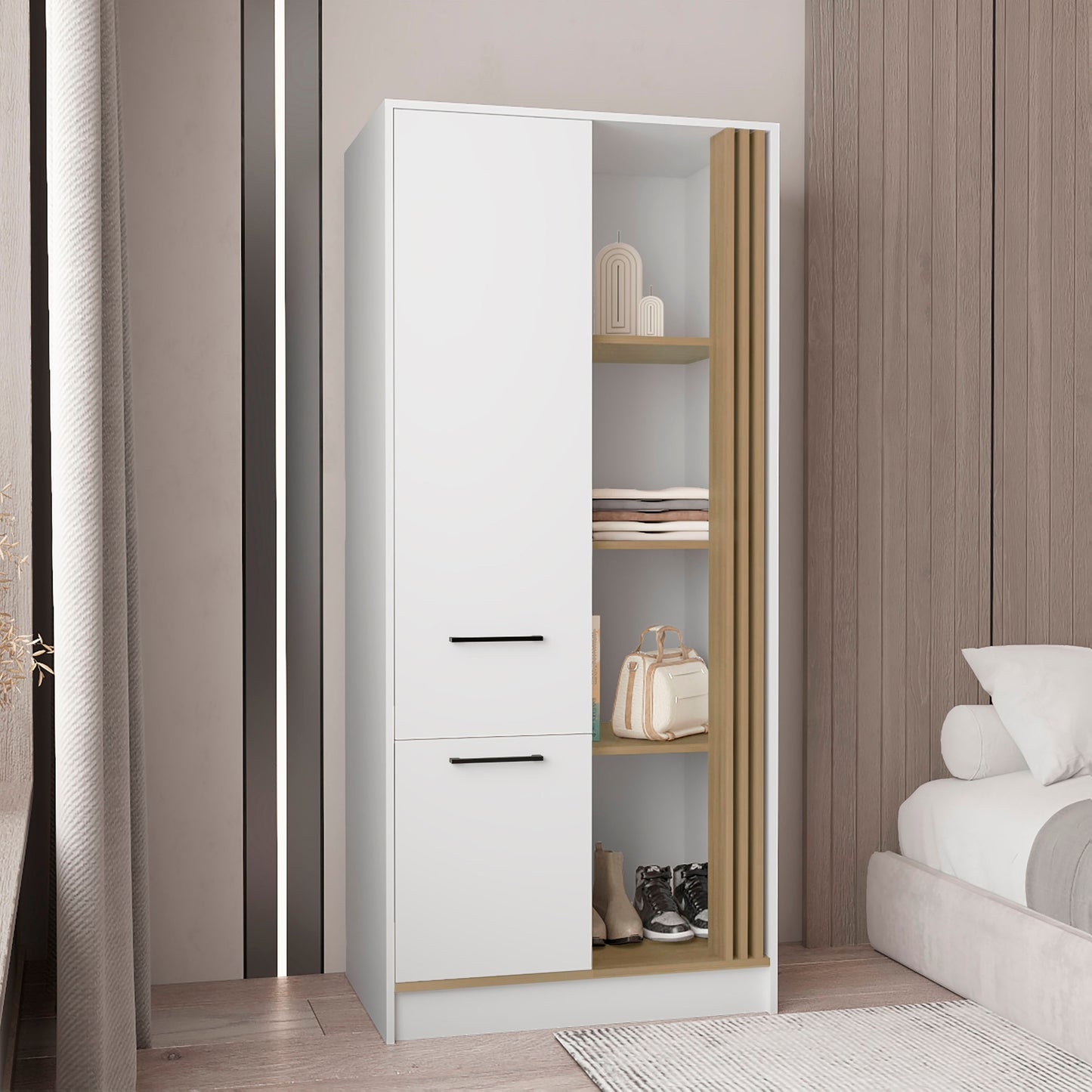 Vance Armoire With Double Doors, Interior Hanging Rod And Shelves, Freestanding Modern Wardrobe Closet
