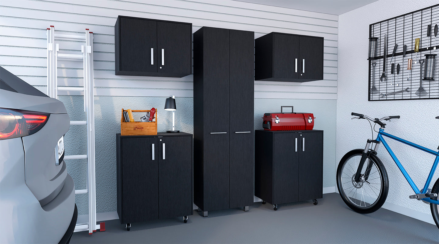 Wooster 5 Piece Garage Set, 2 Wall Cabinets + 2 Storage Cabinets + Pantry Cabinet, Black Wengue Finish