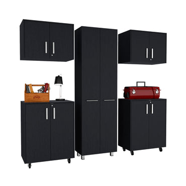 Wooster 5 Piece Garage Set, 2 Wall Cabinets + 2 Storage Cabinets + Pantry Cabinet, Black Wengue Finish