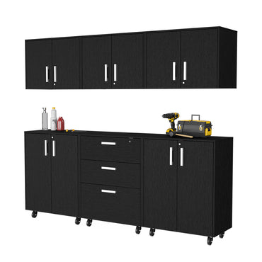 Akron 6 Piece Garage Set, 3 Wall Cabinets + 2 Storage Cabinets + Drawer Base Cabinet, Black Wengue Finish