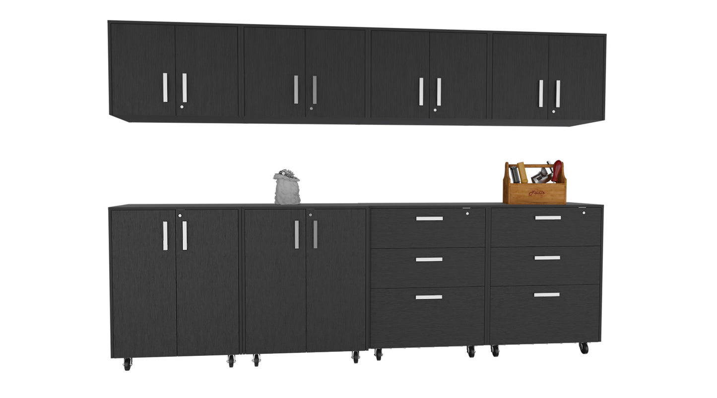 Burton 8 Piece Garage Set, 4 Wall Cabinets + 2 Storage Cabinets + 2 Drawer Cabinets, Black Wengue Finish