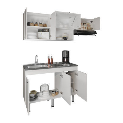 Oceana 2-Pc Kitchen Cabinet Set With Stainless Steel Sink, Eigth Shelves, Three-Door Base Cabinet , Five-Door Wall Cabinet, Kitchen, Storage Cabinet, Garage