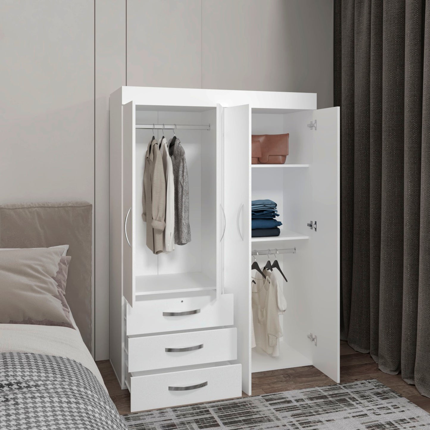 Denver Armoire with 3 Drawers, Four Doors