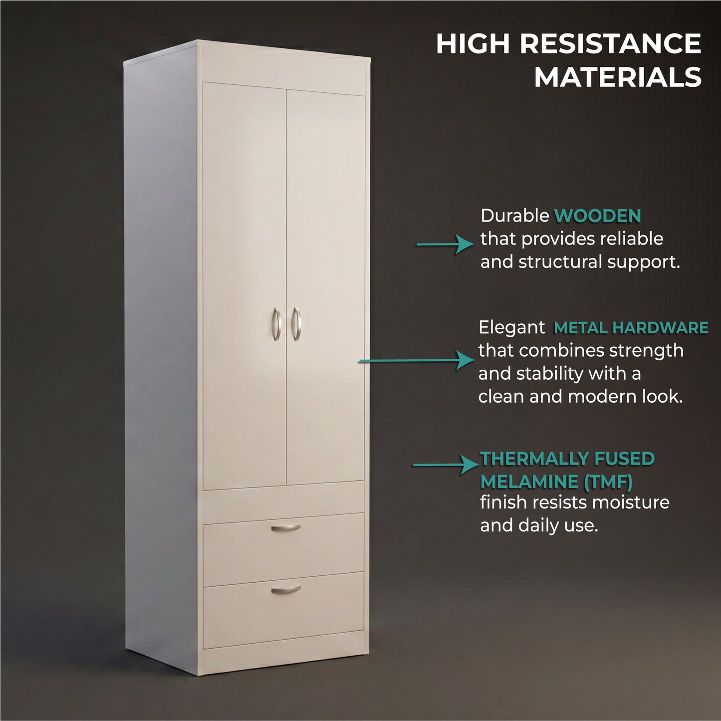 TUHOME Lisboa 2-Door Armoire with Double Door Storage, Two Spacious Drawers, Concealed Hanging Rod and Vertical Freestanding Wardrobe for Bedroom, Living Room, Kitchen or Garage Organization