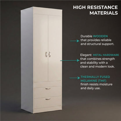 TUHOME Lisboa 2-Door Armoire with Double Door Storage, Two Spacious Drawers, Concealed Hanging Rod and Vertical Freestanding Wardrobe for Bedroom, Living Room, Kitchen or Garage Organization