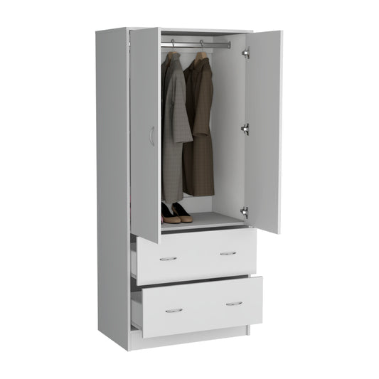 Taly 2-Door Armoire with Two Drawers and Hanging Rod, Spacious Wardrobe Storage Cabinet for Clothing, Accessories and Daily Essentials, Functional Vertical Closet Organizer for Bedrooms and Dressing Spaces
