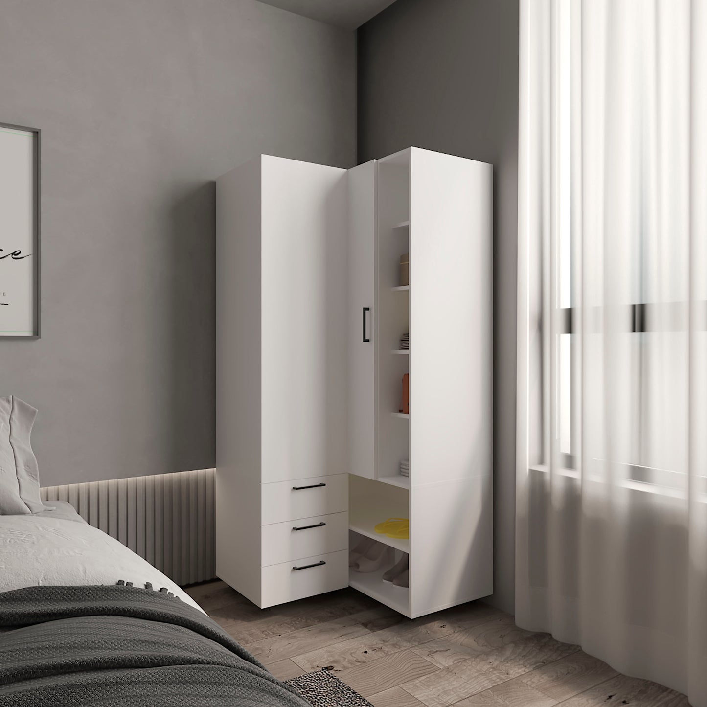 Toulouse Corner Armoire With Double Doors And Interior Shelves, Space-Saving Wardrobe