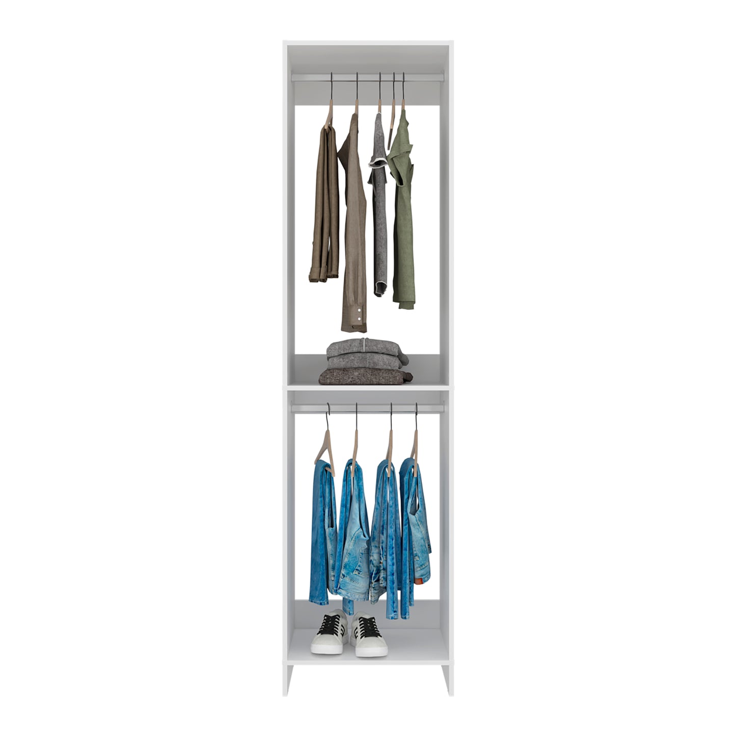 Eco Closet 2-Rod Wardrobe Organizer, Double Hanging Sections with Open Shelf, Space-Saving Freestanding Closet System, Engineered Wood