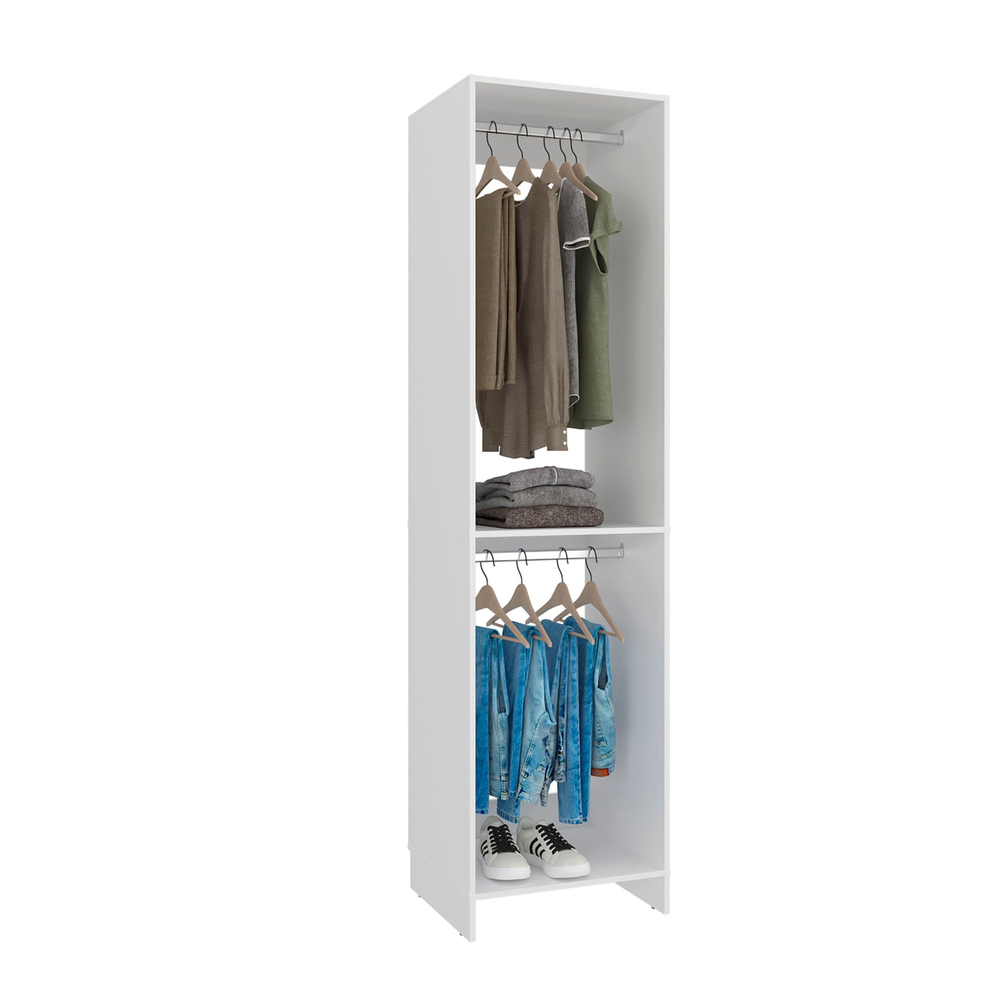Eco Closet 2-Rod Wardrobe Organizer, Double Hanging Sections with Open Shelf, Space-Saving Freestanding Closet System, Engineered Wood