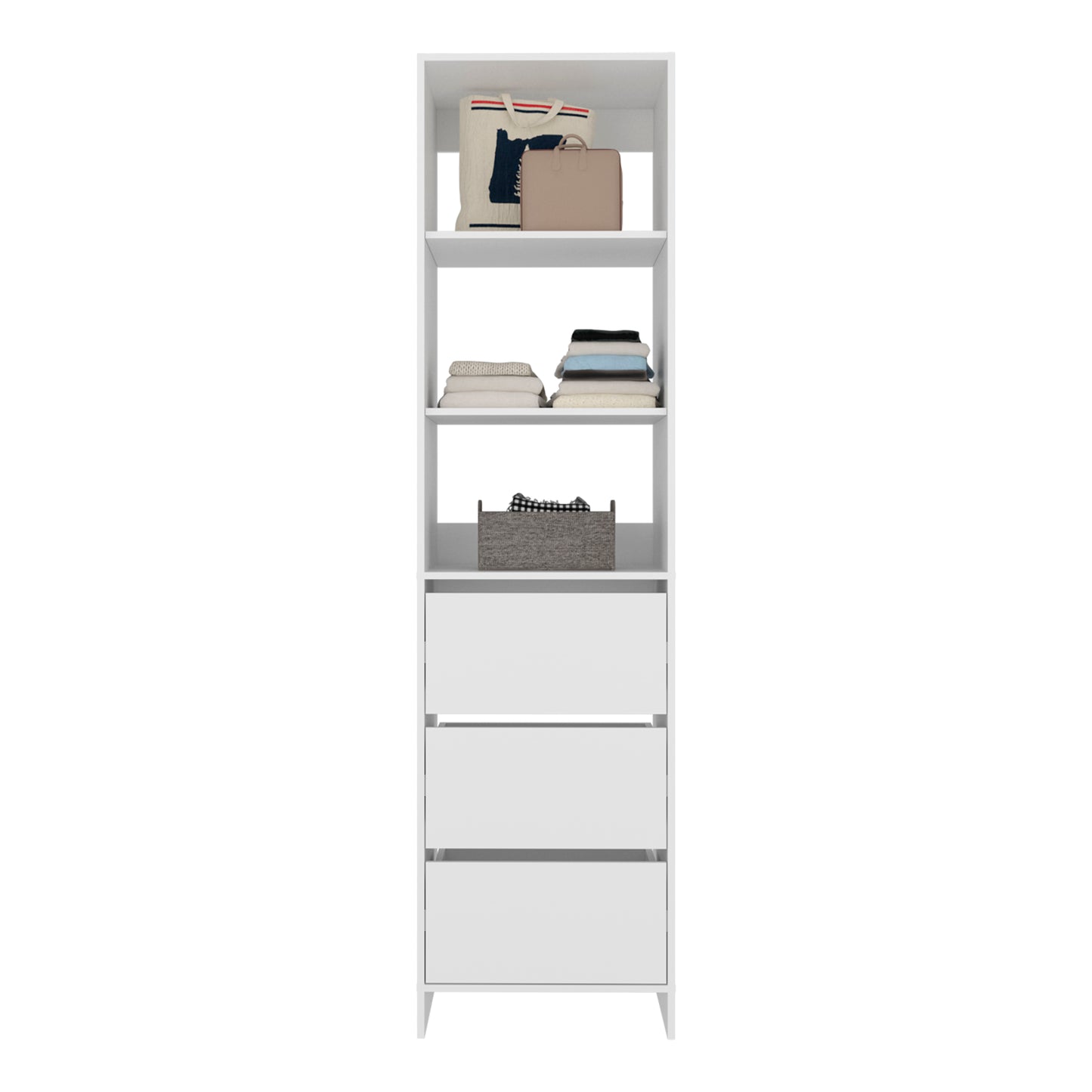 Eco Closet Free-Standing Wardrobe Tower with 3 Spacious Drawers, Open Shelves for Clothes, Bedroom Storage Organizer, Vertical Closet System for Small Spaces, Modern Space-Saving Clothing Cabinet
