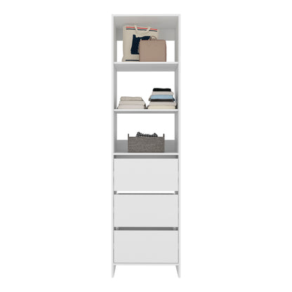 Eco Closet Free-Standing Wardrobe Tower with 3 Spacious Drawers, Open Shelves for Clothes, Bedroom Storage Organizer, Vertical Closet System for Small Spaces, Modern Space-Saving Clothing Cabinet