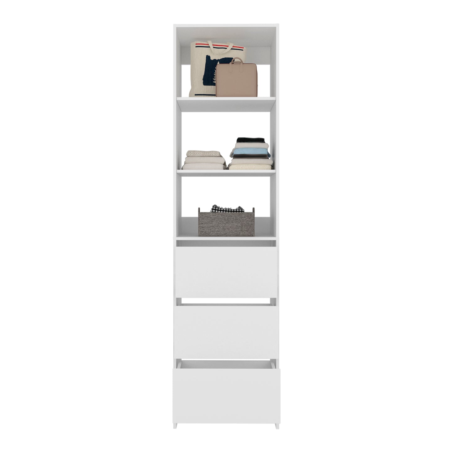 Eco Closet Free-Standing Wardrobe Tower with 3 Spacious Drawers, Open Shelves for Clothes, Bedroom Storage Organizer, Vertical Closet System for Small Spaces, Modern Space-Saving Clothing Cabinet