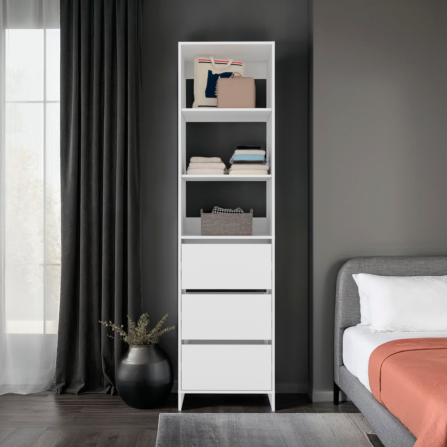 Eco Closet Free-Standing Wardrobe Tower with 3 Spacious Drawers, Open Shelves for Clothes, Bedroom Storage Organizer, Vertical Closet System for Small Spaces, Modern Space-Saving Clothing Cabinet