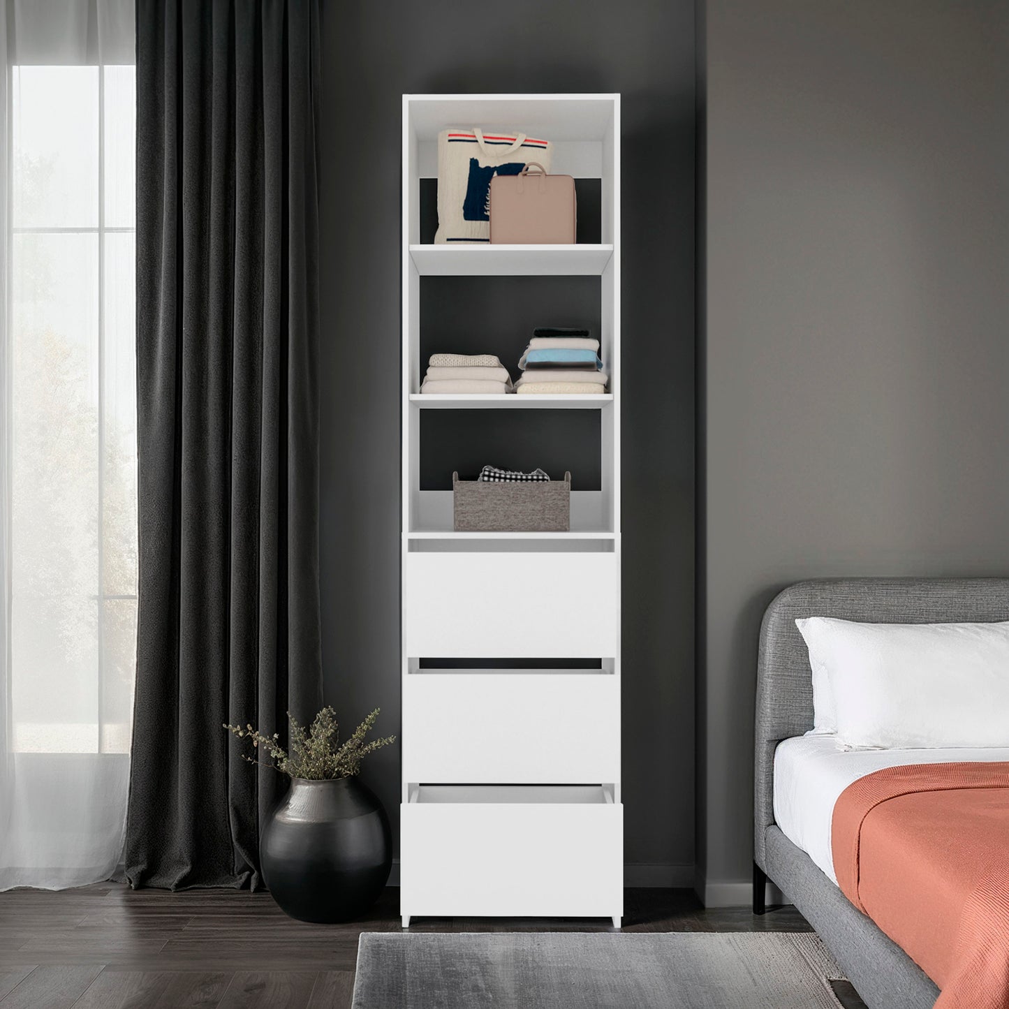 Eco Closet Free-Standing Wardrobe Tower with 3 Spacious Drawers, Open Shelves for Clothes, Bedroom Storage Organizer, Vertical Closet System for Small Spaces, Modern Space-Saving Clothing Cabinet