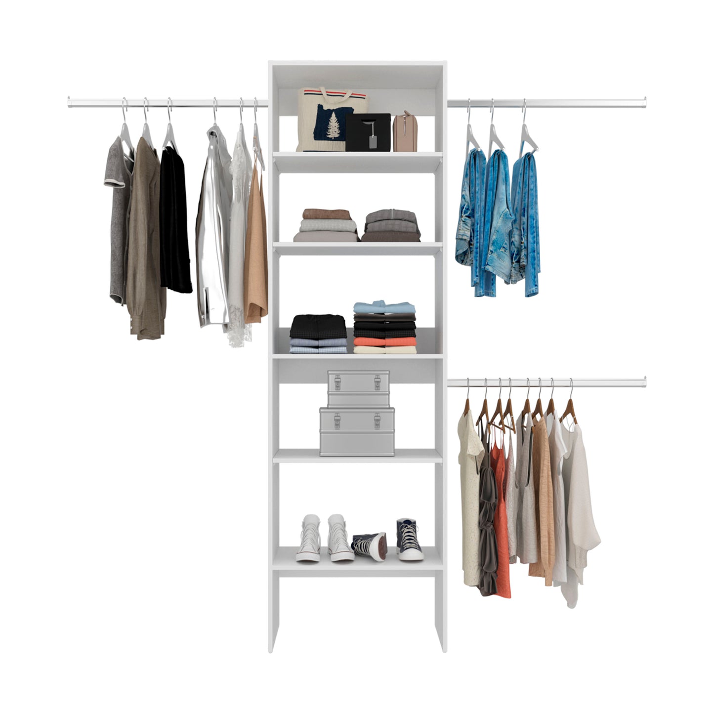 Selt Simple Walk-In Closet System with 3 Hanging Rods and 5 Open Storage Shelves, Clothes Storage Option