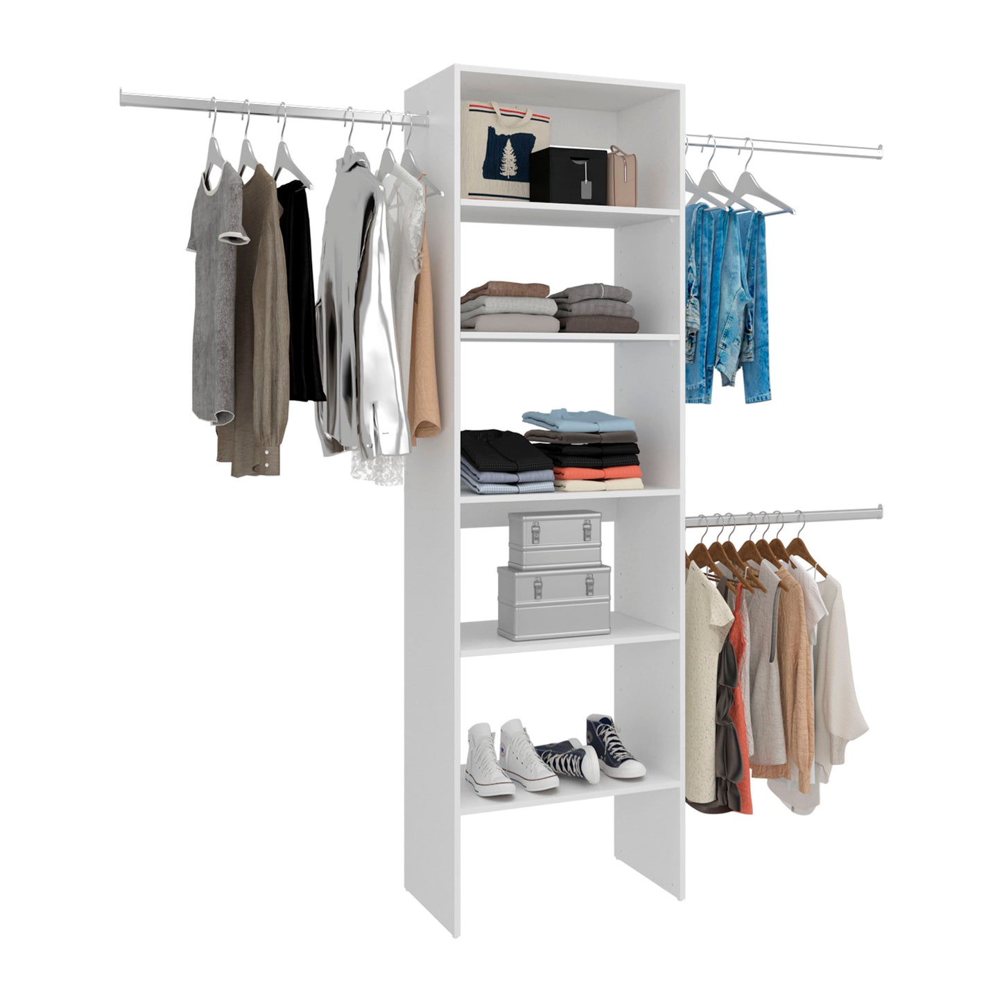 Selt Simple Walk-In Closet System with 3 Hanging Rods and 5 Open Storage Shelves, Clothes Storage Option