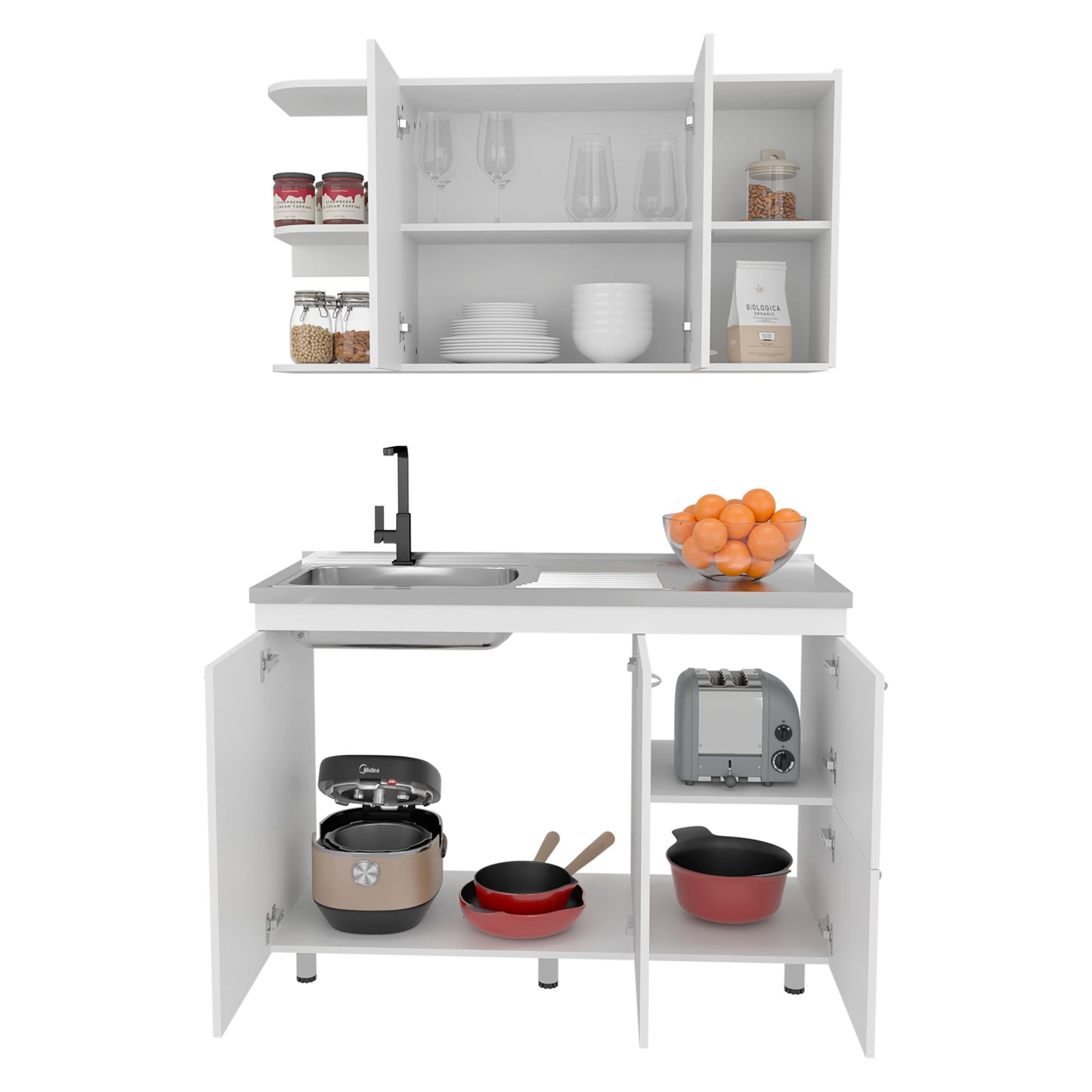 Elica Kitchen Cabinet Set With Upper And Lower Storage, 4 Doors And Open Shelves