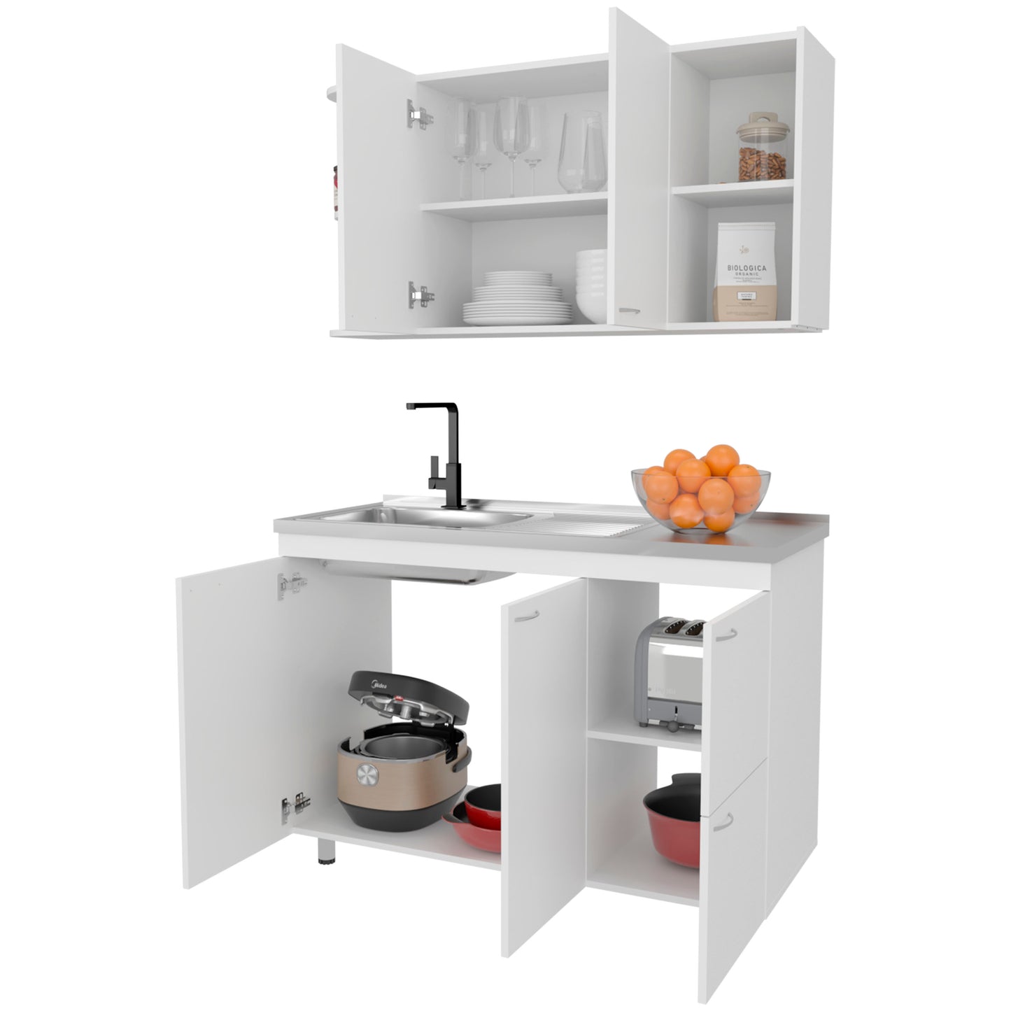 Elica Kitchen Cabinet Set With Upper And Lower Storage, 4 Doors And Open Shelves