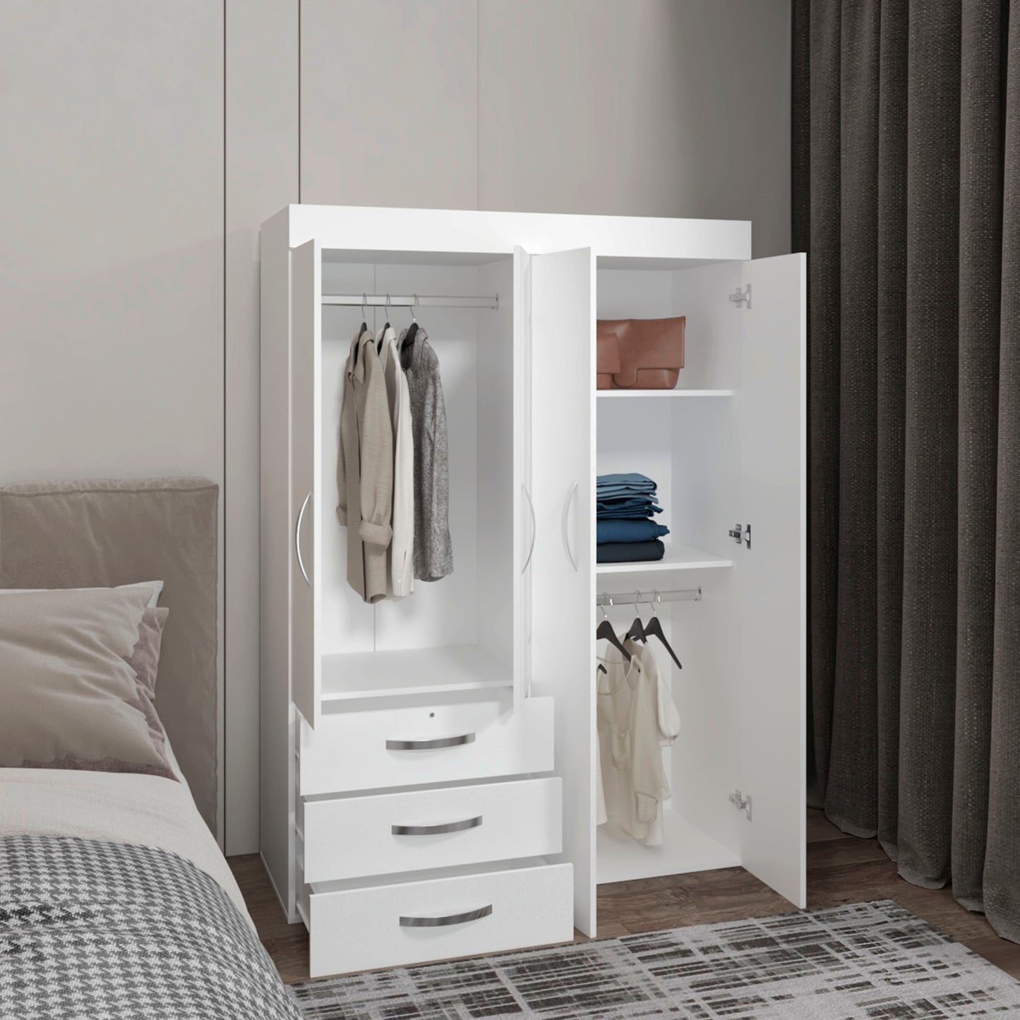 Denver Adjustable Armoire, Rods, Double Door Cabinet, Three Drawers, Two Shelves