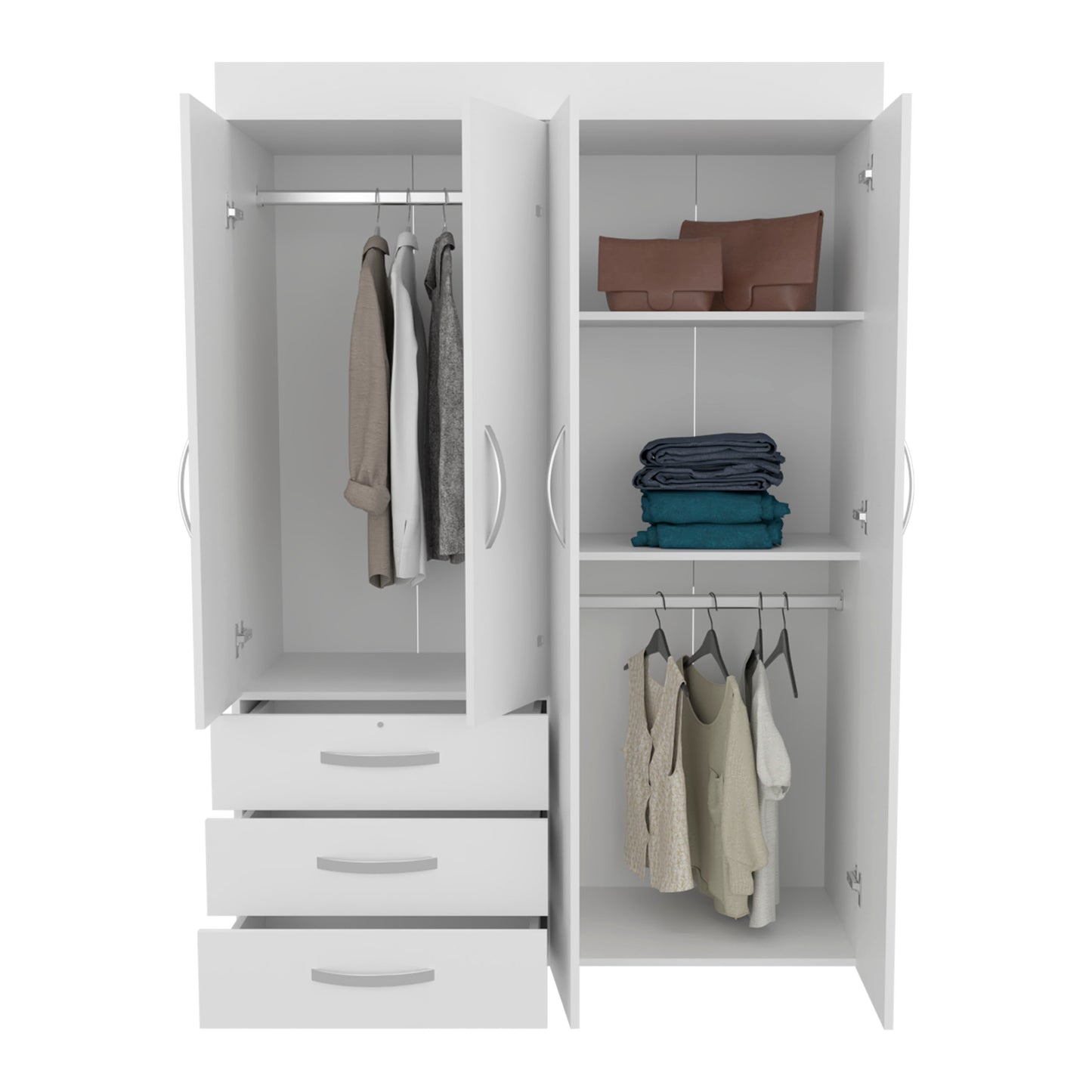 Denver Adjustable Armoire, Rods, Double Door Cabinet, Three Drawers, Two Shelves