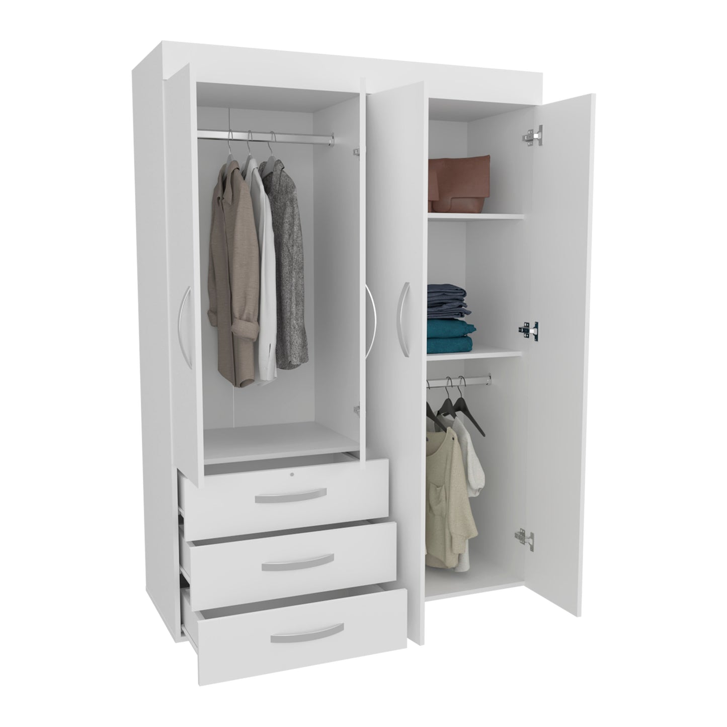 Denver Adjustable Armoire, Rods, Double Door Cabinet, Three Drawers, Two Shelves