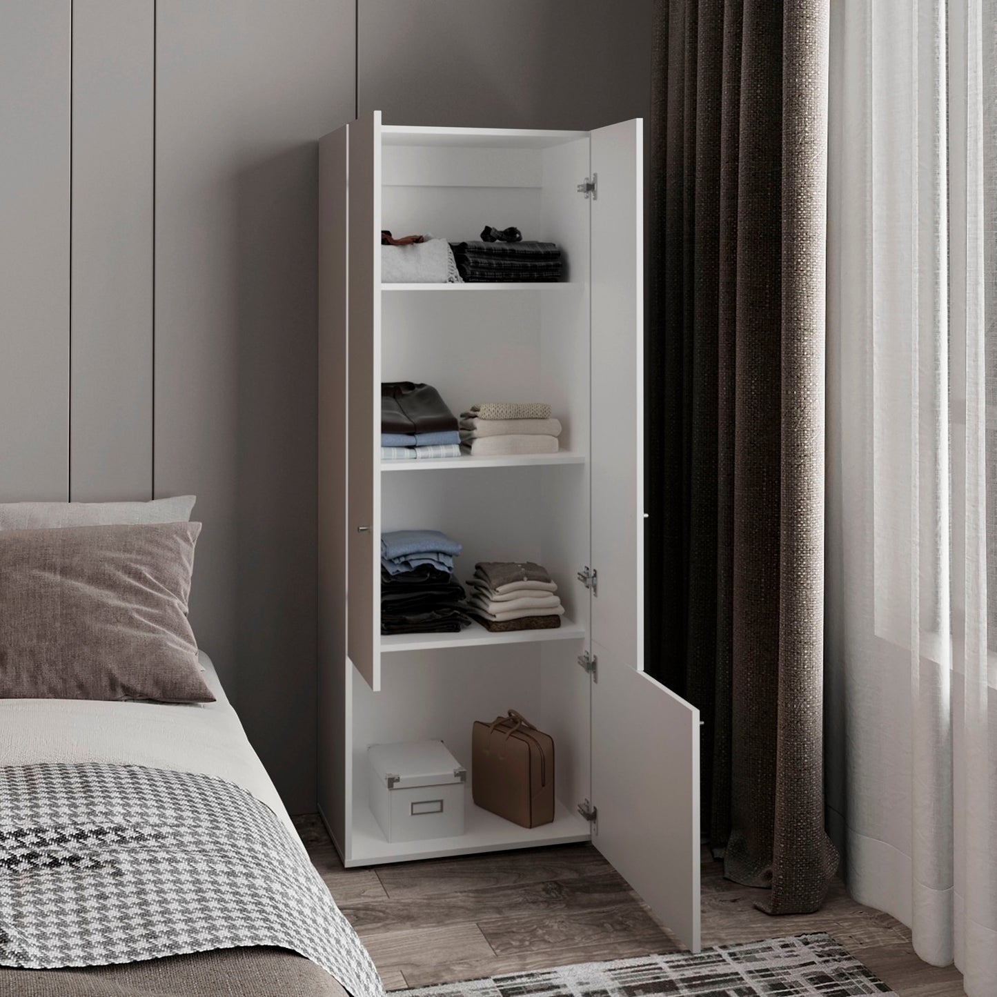 Home 3 Door Closet System with Hanging Rod for clothes and interior Shelves, Manufactured Wood Freestanding Bedroom Storage, Utility Room or Laundry Room Furniture